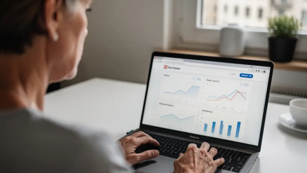 Frau prüft Immobilienpreisdaten auf Laptop in Basler Wohnung