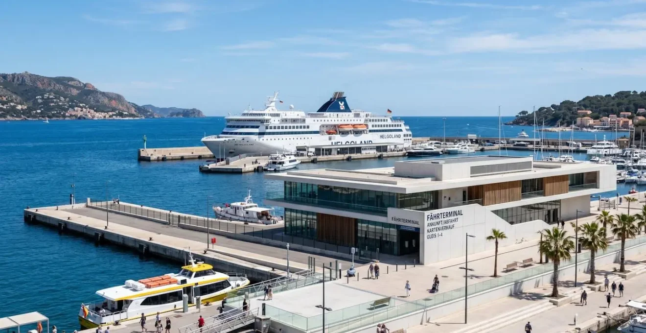 Moderne Hafenanlage am Mittelmeer mit weißer Fähre im Hintergrund, zeitgenössische Architektur unter blauem Himmel