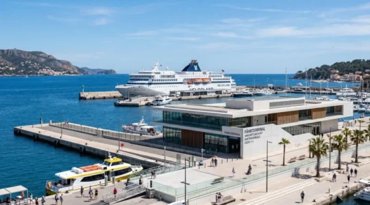 Moderne Hafenanlage am Mittelmeer mit weißer Fähre im Hintergrund, zeitgenössische Architektur unter blauem Himmel