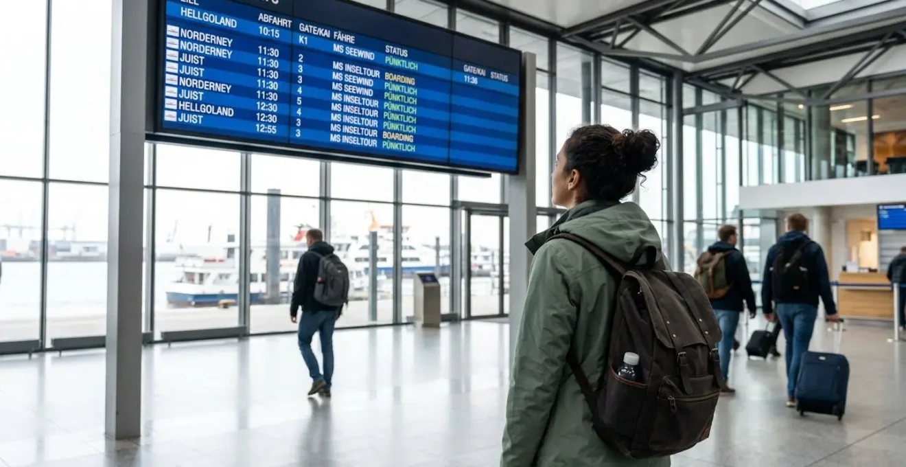 Person von hinten betrachtet eine digitale Abfahrtstafel in einem modernen Fährterminal